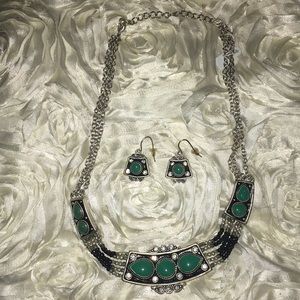 Green Gemstone, Silver, Black Beaded Statement Choker & Earring Set, NEW in box